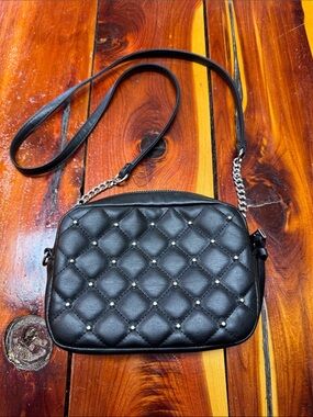 Black Quilted Crossbody Bag with Silver Studs